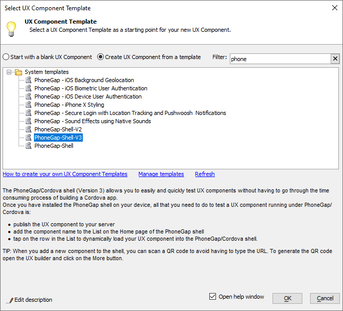 Select UX Component Template dialog with PhoneGap-Shell-V3 selected